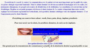 INDEX GENERAL DU SITE COMMUNICATION DENTAIRE:toute info gratuite!médecine, radios, chirurgie, conseil, soins, hygiene,esthétique, consultation, orthodontie, prothese dentaire, couronne, sourire,brosses dents, cabinet, fauteuil, bridge, stérilisation, prot